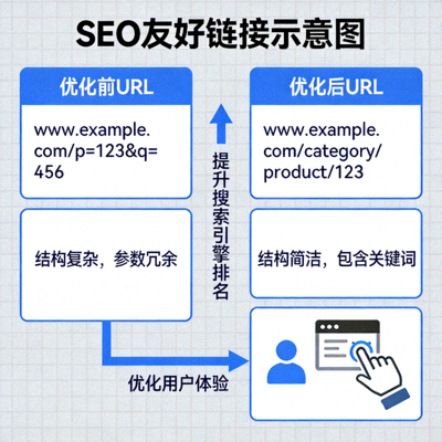 SEO友好链接示意图 - 展示优化后的URL结构如何提升搜索引擎排名和用户体验